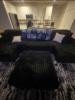 Black U Shaped corduroy Couch w/ ottoman