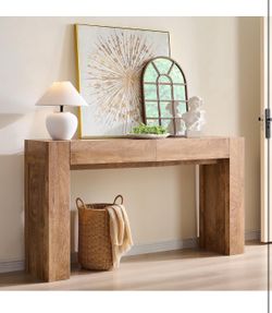 Modern Entryway Console Table, Sofa Table with Drawers, 63" Long, Light Knotty Oak