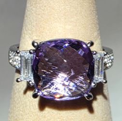 Rose De France Amethyst White Corundum Rhodium Over Sterling Silver Ring Size 7