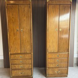 Pair of Vintage Drexel Heritage Accolade II Walnut Campaign Cabinets – Brass – Illuminated