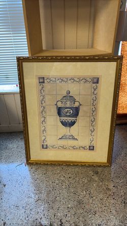 Gold framed Blue & White Urn perfect condition ready forhanging 34”x28”