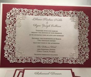 $6 ea . Burgundy and beige lasercut invitations