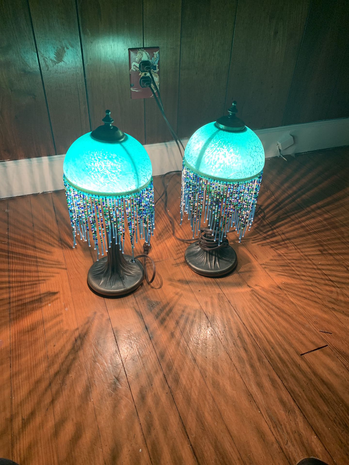 Vintage pair of glass shade beaded lamps