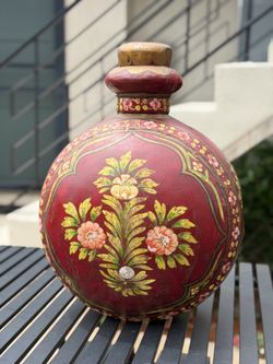Vintage Hand Painted Decorative Wooden Vessel / Folk Art Urn