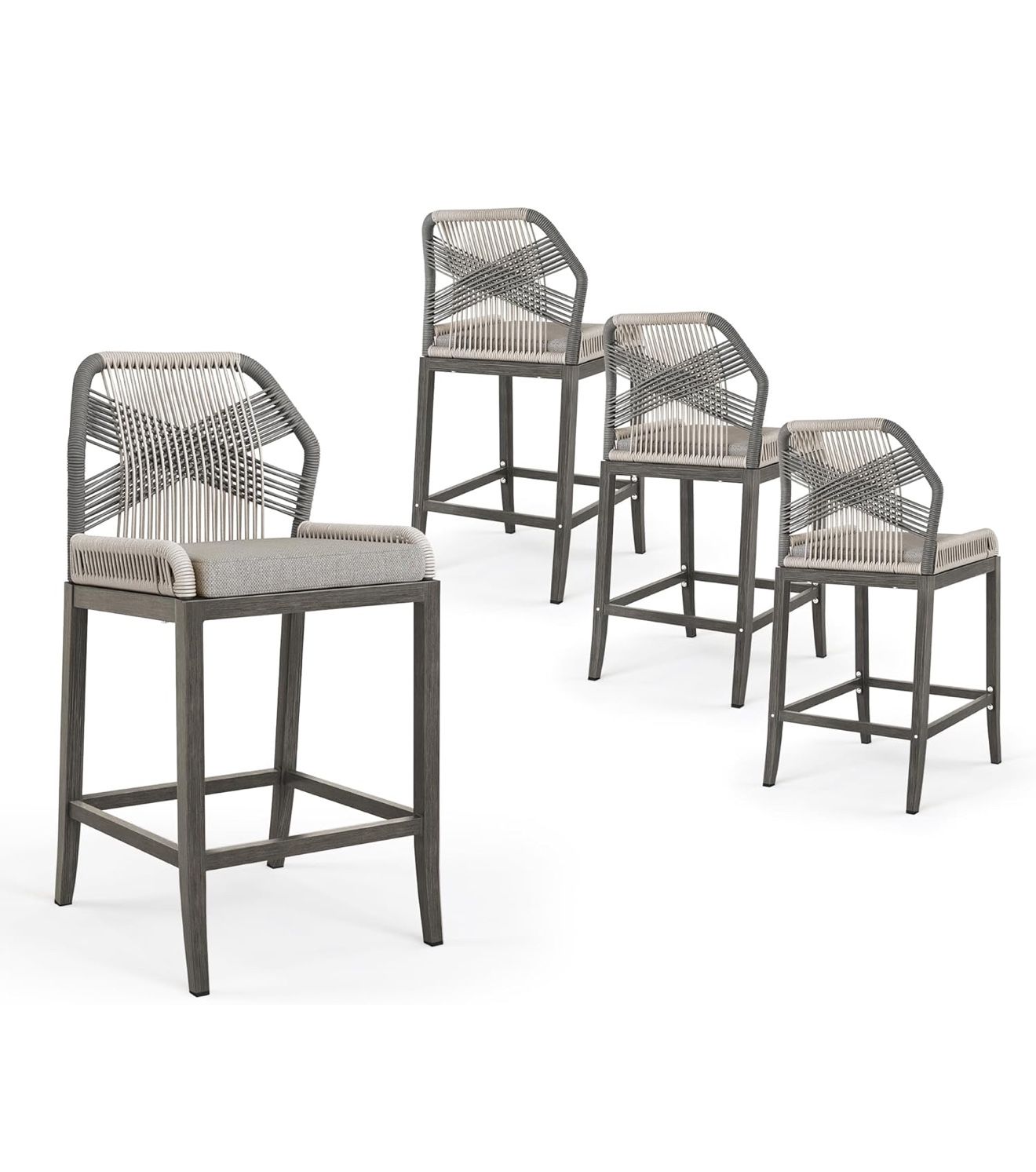 Outdoor Bar Stools, Counter Height Rattan Bar stools Set of 4 with Aluminum Legs for Patio Garden, Slate Gray