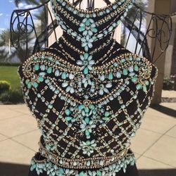 Black/Blue/Teal Bling Bead & Rhinestone Long Formal Prom Dress