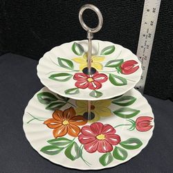 Blue Ridge Pottery Hand Painted Two Tier Hors d'oeuvre Serving Dish 2 Tier Candy