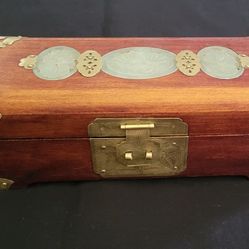 Vtg Musical Jewelry Box Brass Jade Wood 10"X4"X3"