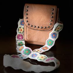 Boho Studded Vegan Leather Crossbody Bag with Crochet Granny Square Strap
