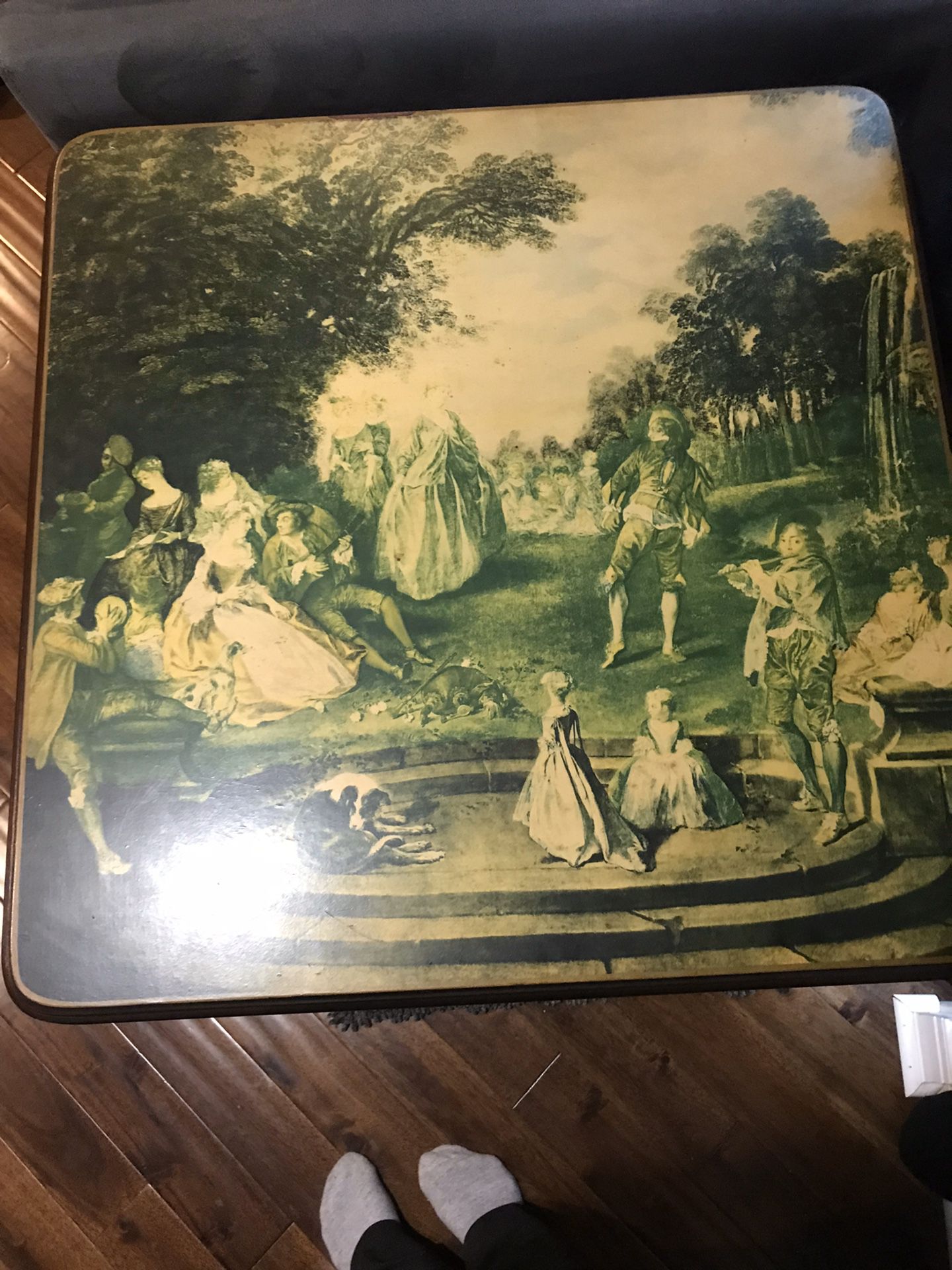 Antique card table w/ Victorian print