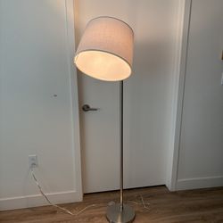 62" Tall Arc Standing Floor Lamp | Silver with White Lampshade