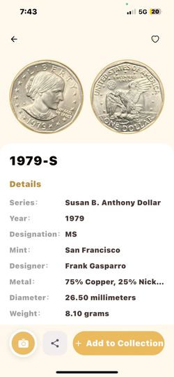 1979-S Susan B Anthony Dollar BU Mint State UNC San Francisco Mint