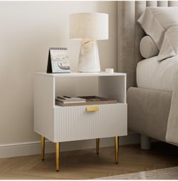 Nightstand with Drawers, Large Fluted Night Stand, End Table for Living Room, Mid Century Modern Bedside Table for Bedroom (11-White Stripe, 1 Drawer)