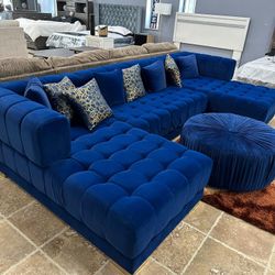 New/ Blue Velvet Double Chaise Sectional, Seccional, Couch, / Delivery Available 