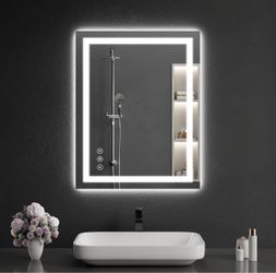 LED Bathroom Mirrors 24"x28" Bathroom Mirror with Lights for Wall, Backlit + Front Lit, 3 Colors, Anti-Fog, Dimmable Brightness for Vanity,Bathroom, E