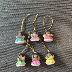 Vintage Afro-American Polystone Mini Angel Xmas Ornaments Set of 6
