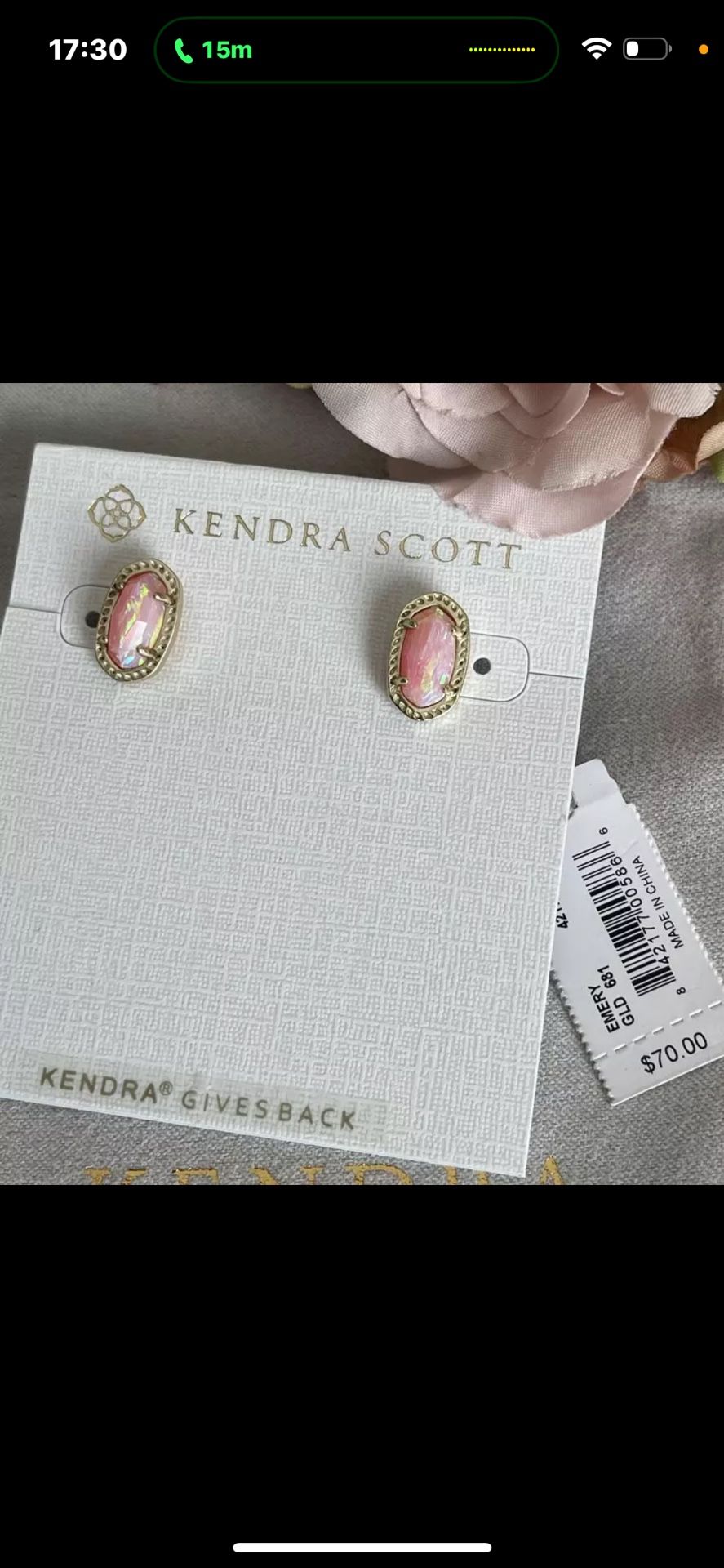 Kendra Scott EMERY Light Pink Kyocera Opal Gold Plated Stud Earrings New With Tags