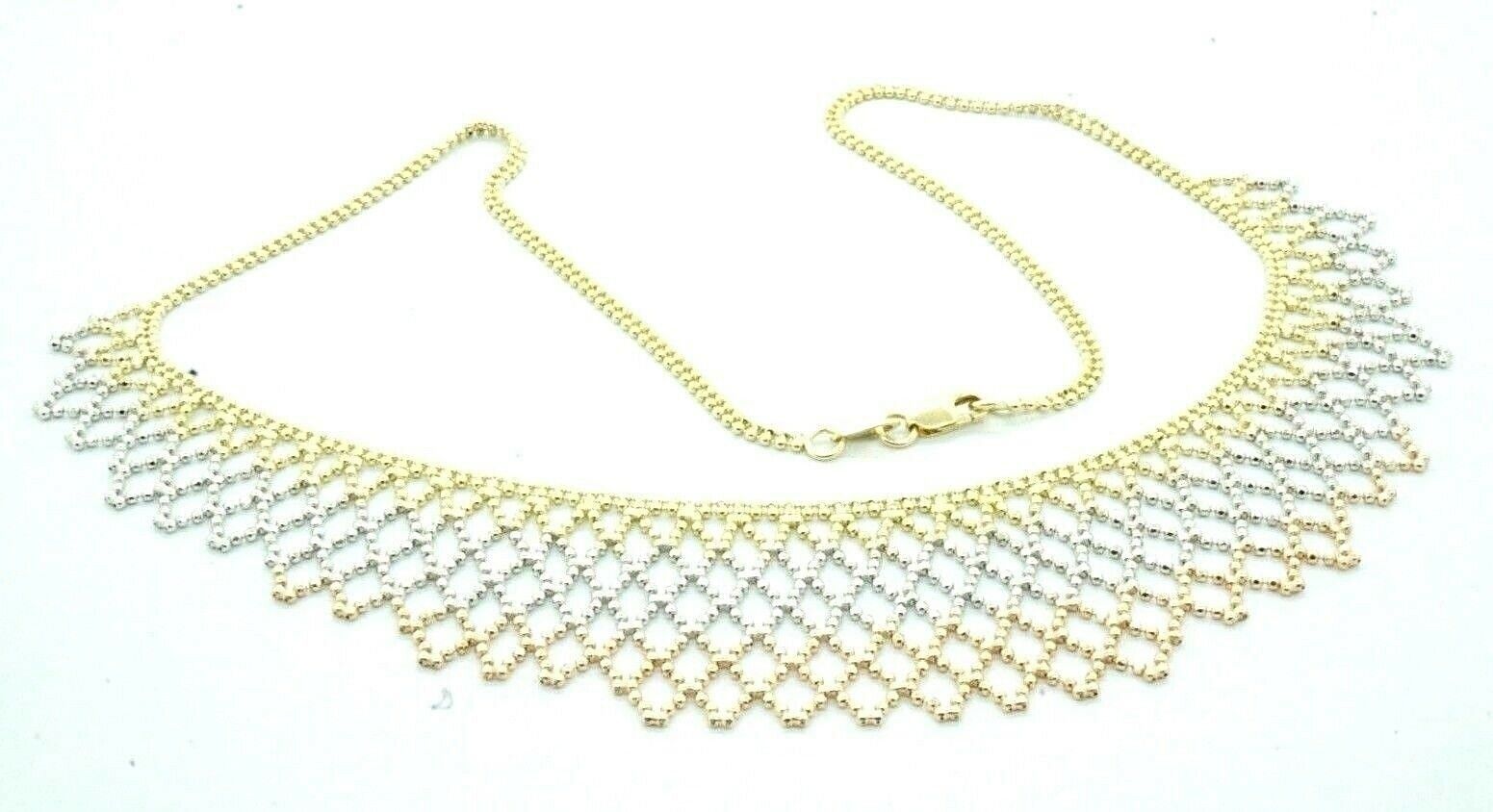 Women's 14K TriColor Gold Beaded Chain Necklace 16.5" Choker Elegant Mesh #20649