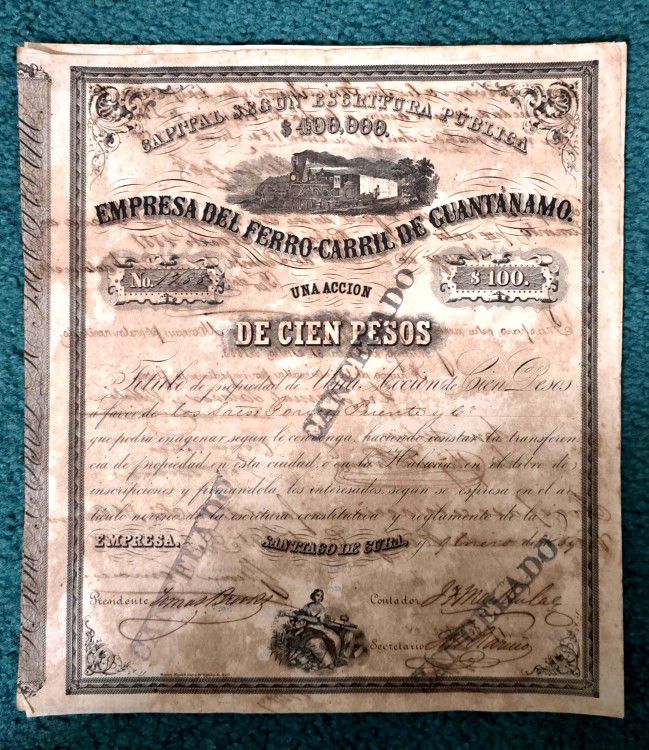 Una Accion De 100 Pesos-empresa Del Ferrocarril De Guantanamo-1859