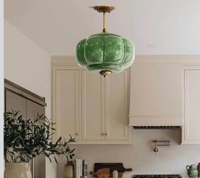 15 Inch Japandi Mid-Century Ceiling Lighting Fixture, Modern Pumpkin Style, Artisanal Glass Shade for Dining Room Kitchen Bedroom Ceiling Light(Green)