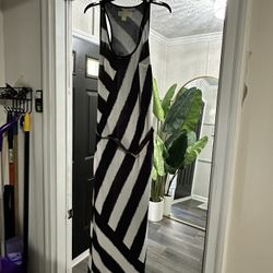 Michael Kors Maxi Long Dress Black White Stripes Lined Sleeveless Size small