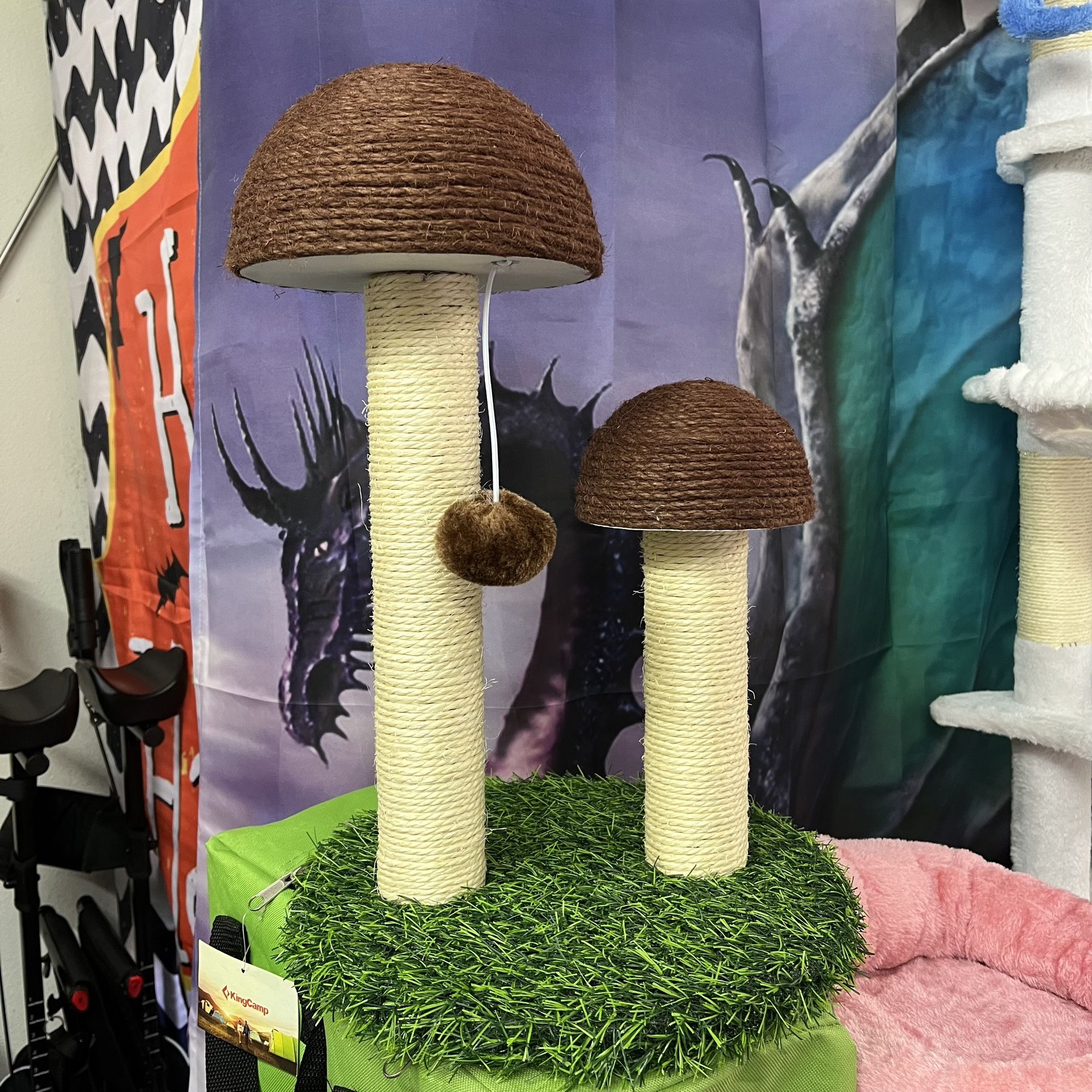 Cat Scratching Post, Mushroom Tall Cat Scratcher Featuring with Natural Sisal Scratching Poles and Interactive Toy Ball for Kittens and Small Cats (Br