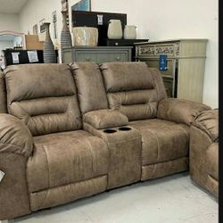 Light Look Of Leather Contemporary Reclining Loveseat  And Sofa☄️ 2 Piece Living Room Set💥 Brand New👍 Fast Delivery 🚚 Financing Available 💰