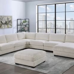 New beige 7pc large fabric corduroy sectional with chaise & ottoman