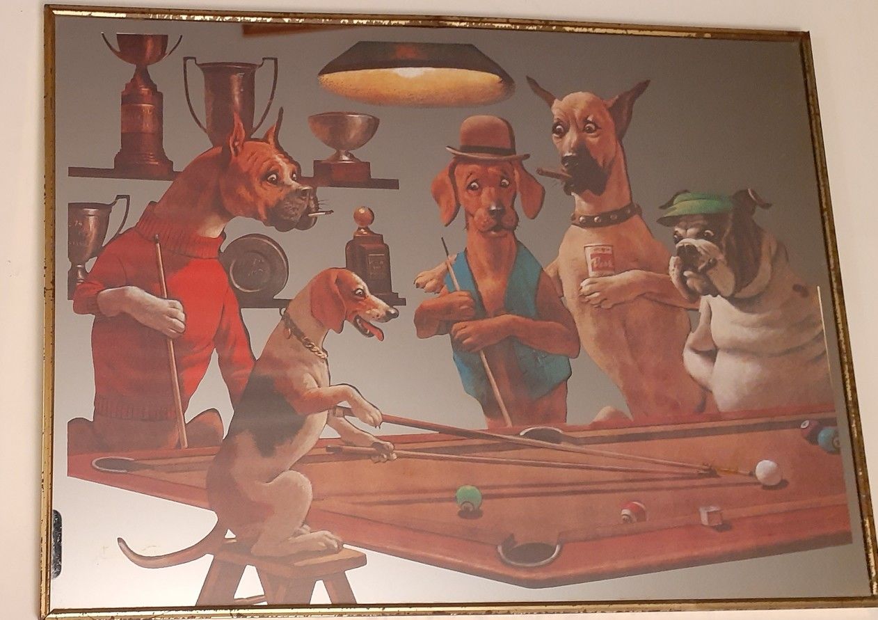 Mid century Vintage DOGS PLAYING POOL  MIRROR 