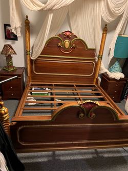 Ornate Four-Poster Teak Wood Bed Frame