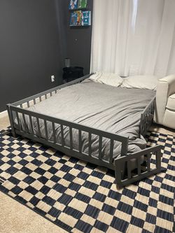 Gray Wood Full Size Floor Bed Frame with Rails