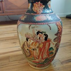 13" Vtg Moriyama Moriage Satsuma Enamel Overlay Hand Painted Pottery 
