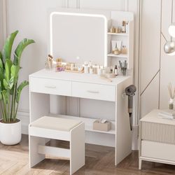 Makeup Vanity Desk with Lighted Mirror, Charging Station, Stool, 2 Drawers & Shelves,White