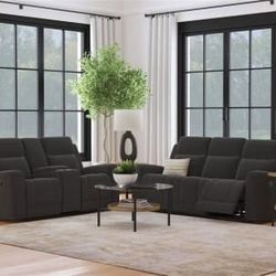 2 Pc Black Fabric Manual Sofa And Loveseat (New)