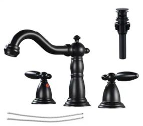 2 Handles 8 in. Widespread Bathroom Faucet 3-Hole Bathroom Sink Faucet With Pop-up Drain in Matte Black @E2-784