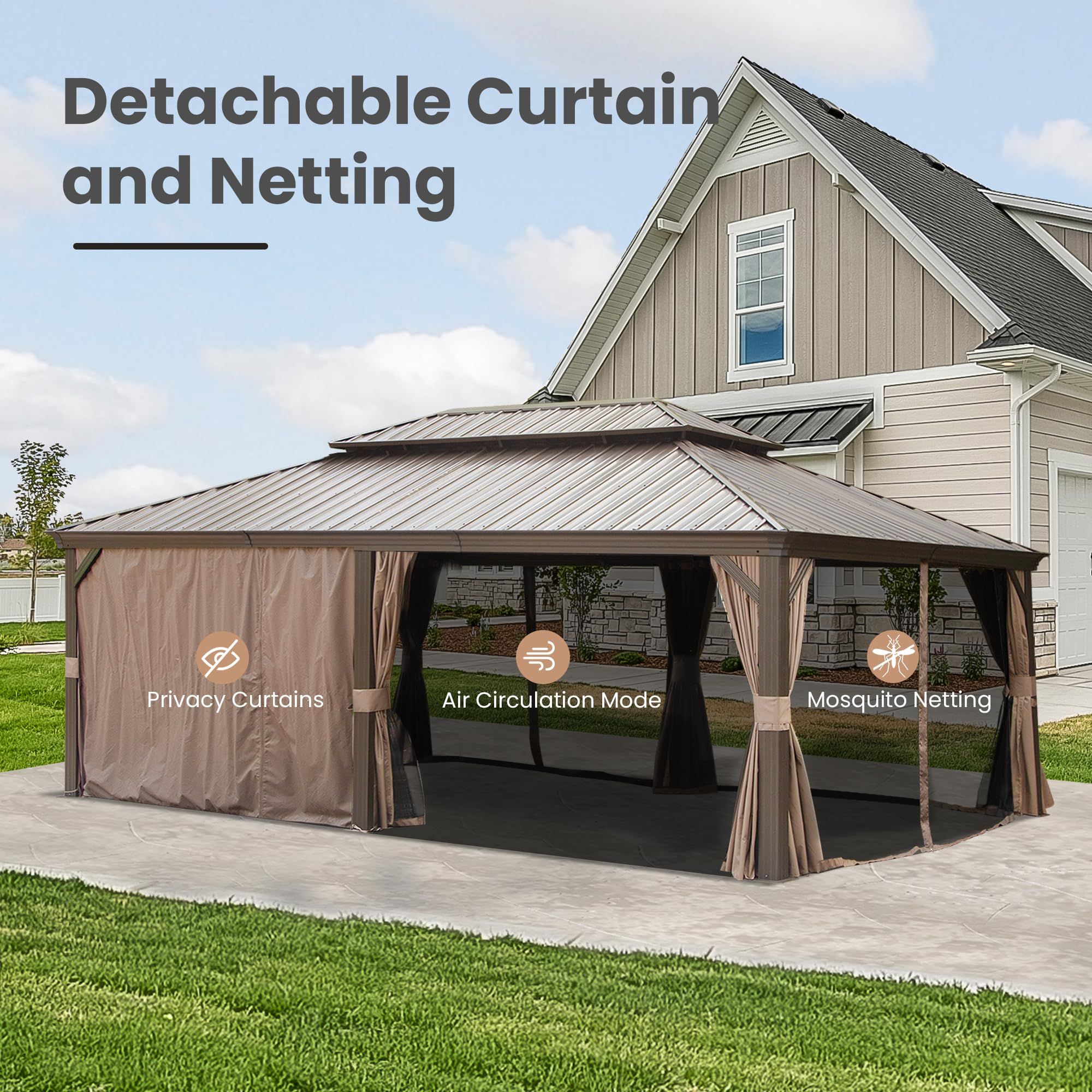 14' X 22' Hardtop Gazebo, Upgraded Metal Gazebo with Drainage System, Dual-Layer Galvanized Steel Roof, Curtain and Netting, Outdoor Shelter Canopy fo