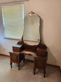 Antique Wood Vanity with Mirror & Stool (not shown)