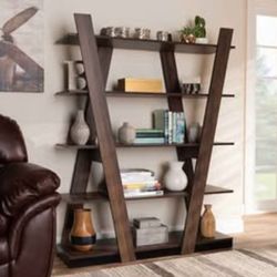 Modern and Contemporary Walnut Brown Finished 5-Tier Wood Geometric Living Room Display Shelf (New)