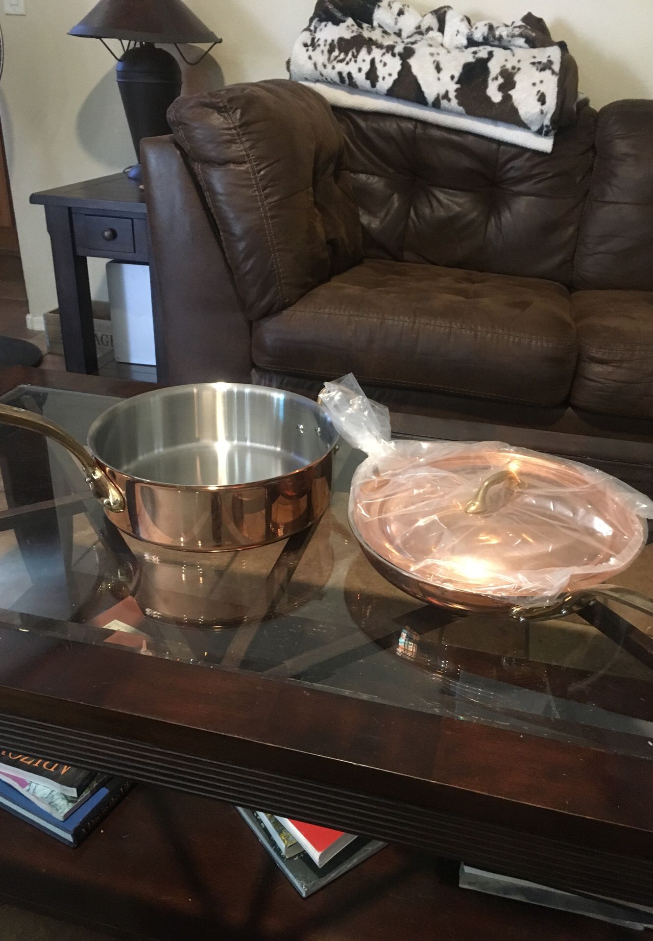 Chefs pans, Mauviel 1830, Cooper with brass handles sold at William Sonoma