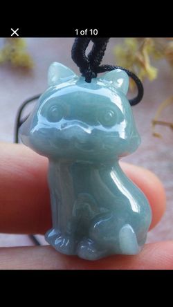 Jadeite jade cat kitty pendant light green longevity cat