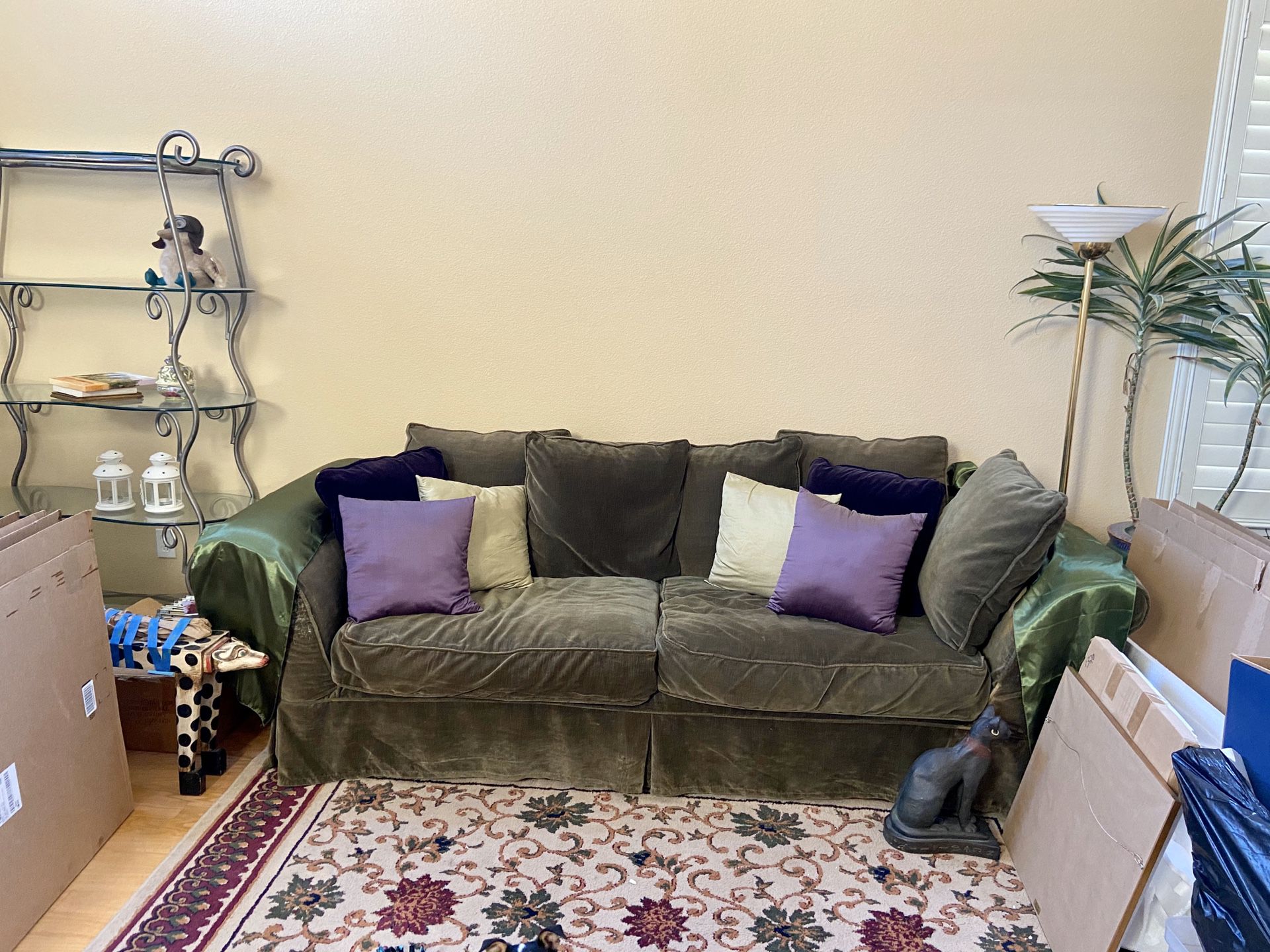 Airy large velvet green slip cover couch purple