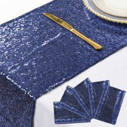 ShiDianYi Navy Blue Bridal Shower Decorations 5Pcs Navy 12''X72'' Sequin Table Runners Navy Blue Party Supplies -723S