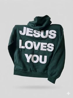 Jesus Loves You Graphic Hoodie Green size L