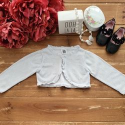 9MOS LIGHT GRAY W/SILVER GLITTER RUFFLE HEM LONG-SLEEVE CROP CARDIGAN 