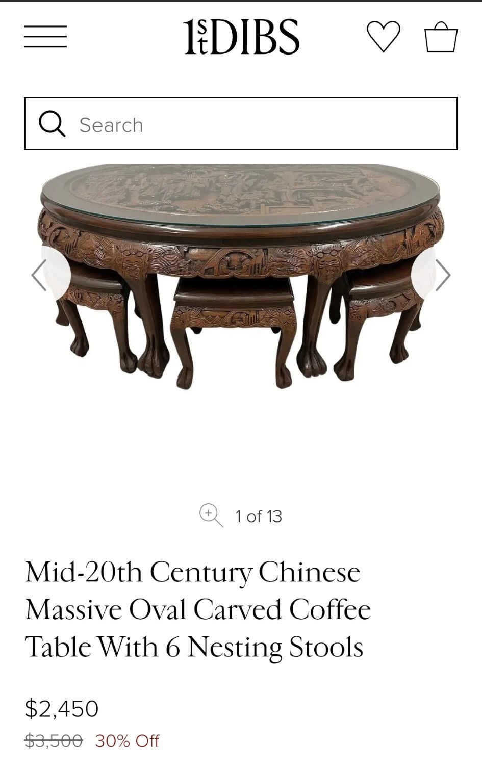 Mid-20th Century Chinese Massive Oval Carved Coffee Table With 6 Nesting Stools!