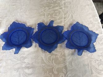 Set Of 3 , L.E. Smith Cobalt Blue Glass Leaf Plate