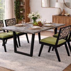 Modern Dining Table And 4 Green Chairs 