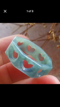 Certificate Jadeite Hand Carved Green Natural A Jade Love Heart Ring size8.75