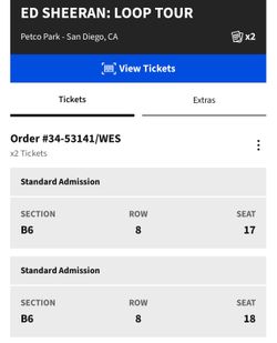 2 Ed Sheeran tickets on Tuesday SD