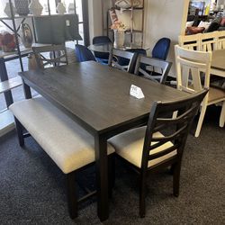 Grey Wooden Dining Set With 4 Chairs And Bench 